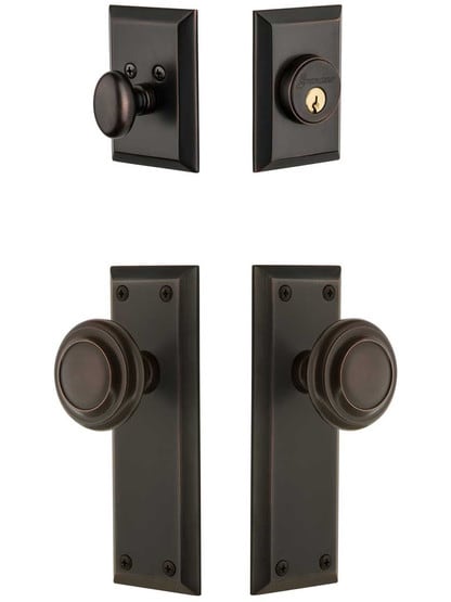 Grandeur Fifth-Avenue Entry Door Set, Keyed Alike with Circulaire Knobs in Timeless Bronze.